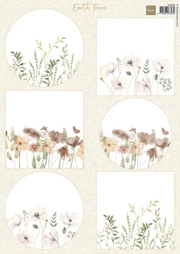 A4-Bogen mit sechs runden und eckigen Motiven: zarte Wiesenblumen, Mohn und Gräser in Beige- und Erdtönen