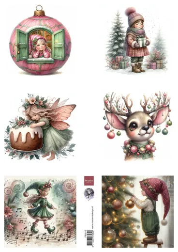 A4-Schneidebogen mit sechs illustrierten Weihnachtsmotiven: Fensterkugel-Mädchen, Kind im Schnee, Fee mit Torte, Rentier mit Kugeln, singende Elfe und Wichtel am Baum