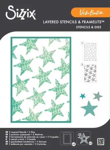 Sizzix Framelits Die Script Layering Stars Set mit 2 Schablonen und 3 Stanzformen in Sternform, grüne Designvorlage mit Schriftakzenten