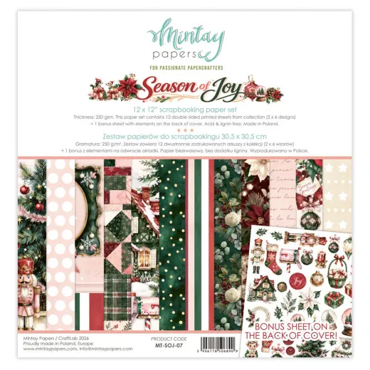Verpackung des 12x12 Paper Pads 'Season of Joy' mit Vorschau aller weihnachtlichen Papierdesigns und Bonusbogen.