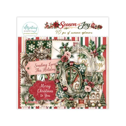Verpackung des Season-of-Joy-Ephemera-Packs mit weihnachtlichen Rahmen, Etiketten und Umschlägen.