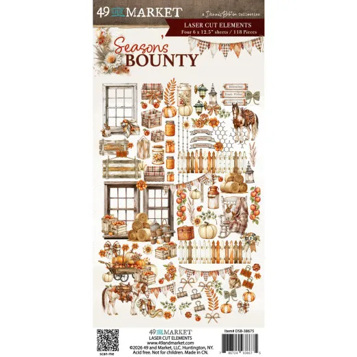 Verpackung der Laser Cut Elements Season's Bounty mit Holzfenstern, Zäunen, Pferd, Kürbiswagen und Wimpeln