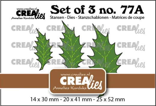 Verpackungsfoto des CREAlies Stanzensets „Set of 3 no. 77A” mit drei gespiegelten Stechpalmenblättern in unterschiedlichen Größen