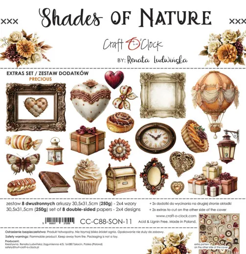Craft O'Clock Shades Of Nature Precious Extras Set mit verschiedenen vintage Motiven wie Bilderrahmen, Herzen und Heißluftballon.