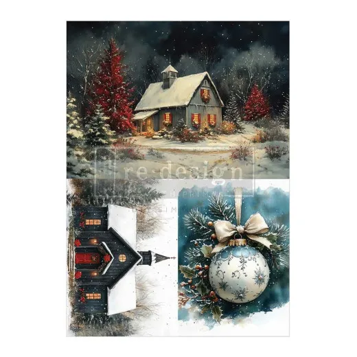 Silent Timber Memoirs Decoupage Fiber Pack A4 mit winterlichen Motiven wie schneebedecktem Haus und Weihnachtskugel von Prima Marketing