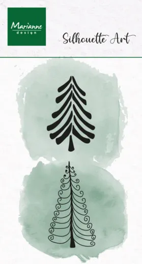 Zwei Tannenbaum-Silhouettenstempel, einer schlicht geschwungen, einer verspielt mit Locken verziert