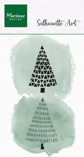 Zwei Tannenbaum-Silhouettenstempel, ein geometrisches Dreiecksmuster und ein Strichmuster, auf Aquarell-Hintergrund