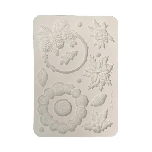 Silikonform A5 mit Reliefmotiven aus Kranz, Weihnachtsstern, Blüte, Blatt und Holzscheiben-Kranz.