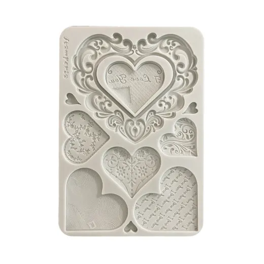 Stamperia Silikon-Gießform A5 Family Hearts mit ca. 10 verschiedenen Herzformen und Mustern