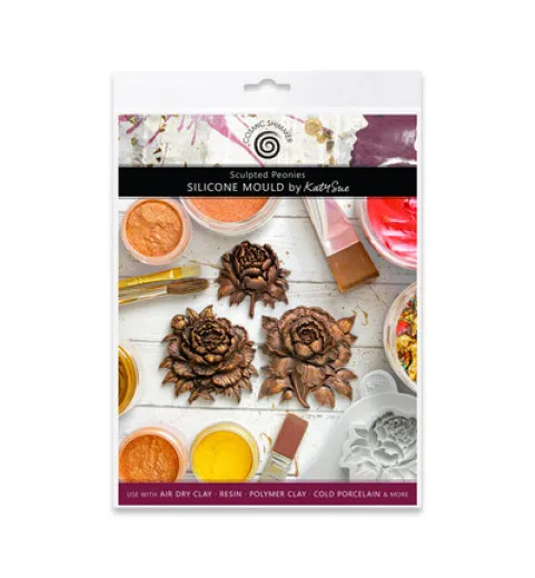 Katy Sue Designs Silikonform Sculpted Peonies mit Beispielen auf Holzhintergrund
