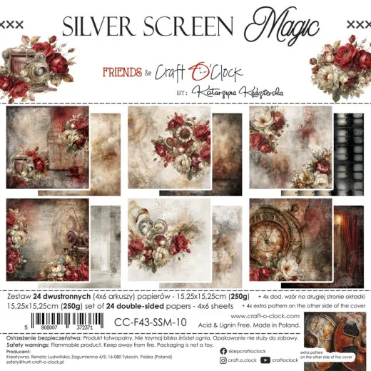 Verpackung des "Silver Screen Magic" 6x6 Paper Sets mit sechs Vintage-Kino-Motiven