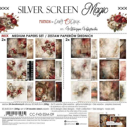 Verpackung des "Silver Screen Magic" 8x8 Medium Paper Sets, Mix aus Haupt- und Basispapieren
