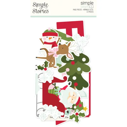 Simple Stories Simple Pages Page Pieces Kringle & Co.: Verpackung mit Weihnachtsmann-Schlitten, Schneemann, Reh und Tannenbaum, 13 Teile