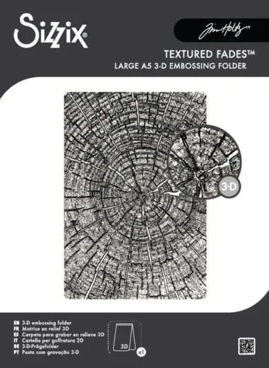 Sizzix 3D Embossing Folder Tree Rings von Tim Holtz mit detailliertem Baumring-Muster auf schwarzem Verpackungsdesign