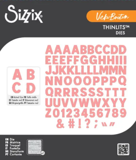 Sizzix Thinlits Stanzschablone Mini Bold Alpha von Vicki Boutin in Verpackung mit Alphabet-Beispiel