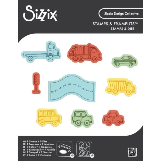Verpackungsvorderseite des Sizzix Stamps & Framelits-Sets mit Fahrzeugmotiven: Laster, Müllwagen, Auto, Ampel, Straße, Bus und Geländewagen