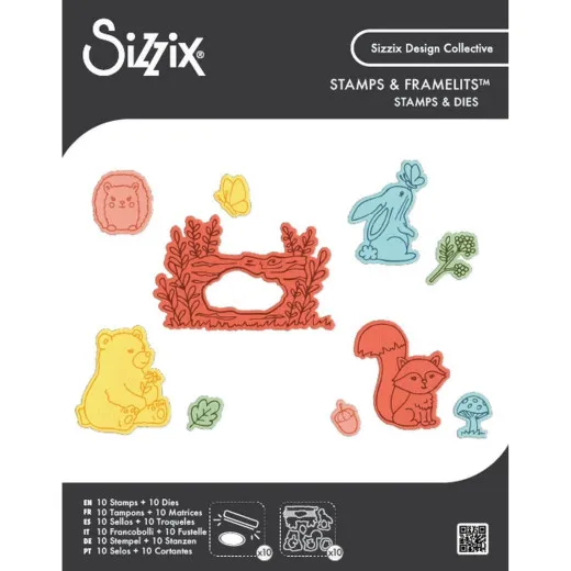 Verpackungsvorderseite des Sizzix Stamps & Framelits-Sets mit Waldtieren: Igel, Hase, Bär, Eichhörnchen und Baumstamm-Rahmen