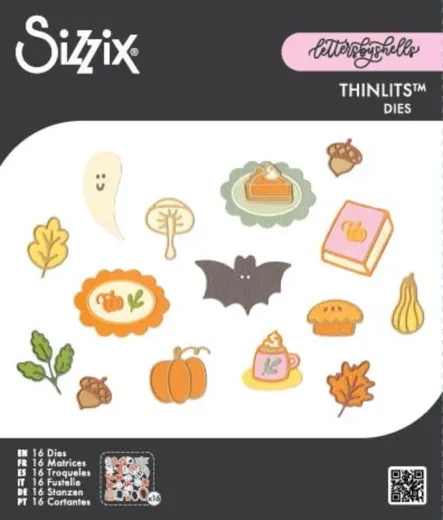 Sizzix Thinlits Stanzschablonen-Set Cozy Fall Favorites mit 16 herbstlichen Motiven wie Kürbis, Fledermaus und Blättern auf Verpackung