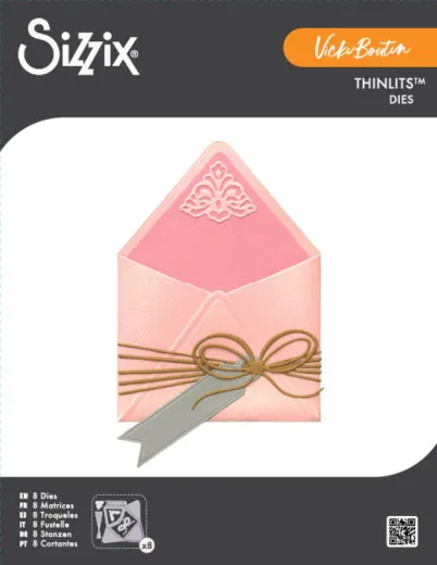Sizzix Thinlits Stanzschablonen First Class Mail von Vicki Boutin auf Verpackung mit fertigem Umschlag
