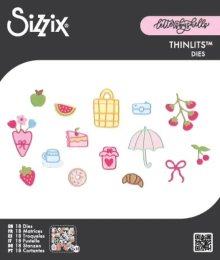 Sizzix Thinlits Stanzschablonen Picnic Treats mit 18 sommerlichen Motiven auf schwarzem Hintergrund