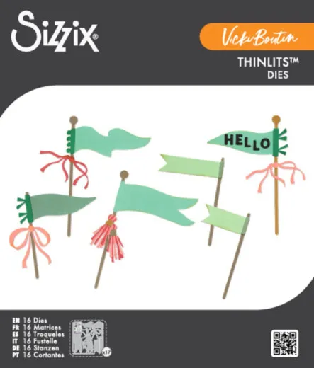 Sizzix Thinlits Stanzschablonen Layering Pennant Flags von Vicki Boutin in Verpackung mit Anwendungsbeispiel