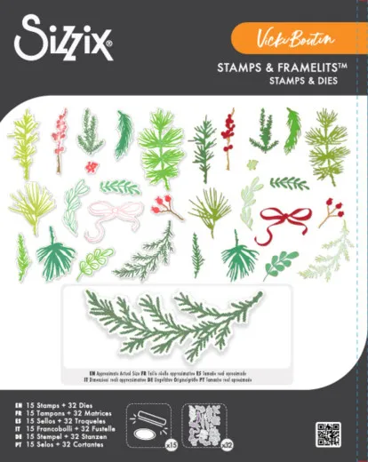 Sizzix Framelits Stanzschablonen und Stempel Winter Greenery Set mit 47 Teilen in Verpackung