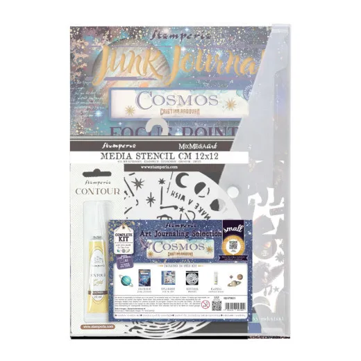 Set in Klarsichthülle mit Junk Journal Focus Points, Stencil, Contour-Liner und Rub-ons aus Cosmos