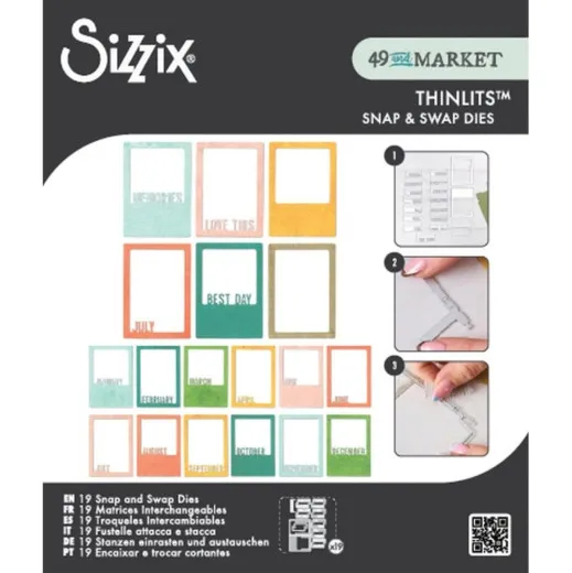 Verpackung der Sizzix Snap and Swap Dies Instamatic mit Sofortbild-Rahmen, Monatsnamen und Schriftzügen wie Best Day