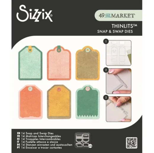 Verpackung der Sizzix Snap and Swap Dies Mini Tags mit sechs Anhängern in Pastellfarben mit unterschiedlichen Rändern