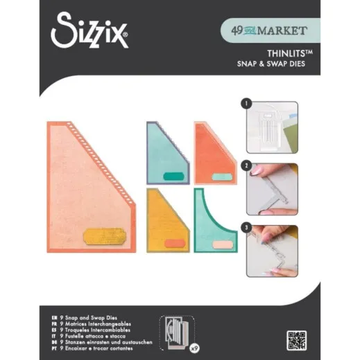 Verpackung der Sizzix Snap and Swap Dies Slanted Pocket mit schrägen Einstecktaschen in Koralle, Türkis und Senfgelb