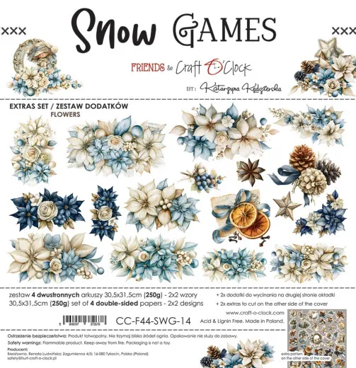 Snow Games Extras Set Flowers von Craft O'Clock mit Papierbogen und Motiven in Blau- und Cremetönen