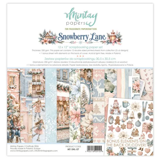 Cover des 12x12 Paper Pads Snowberry Lane mit Winterstadt, Weihnachtsstern und Bonus-Elementen wie Lebkuchen und Schlittschuhen