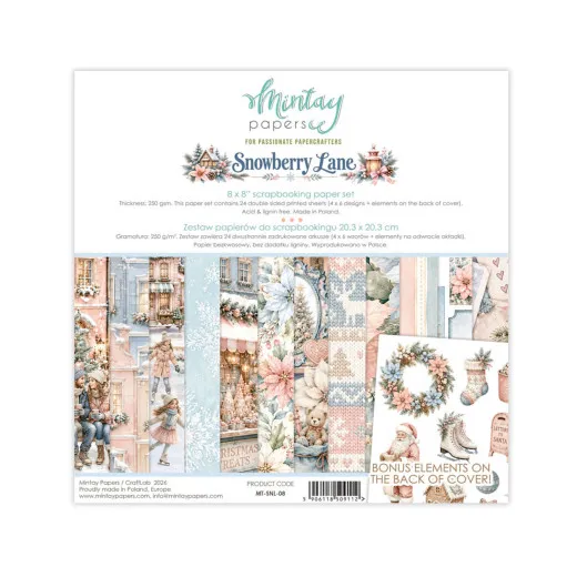 Cover des 8x8 Paper Pads Snowberry Lane mit Wintermotiven, Eisläuferin und Hinweis auf Bonus-Elemente auf der Rückseite
