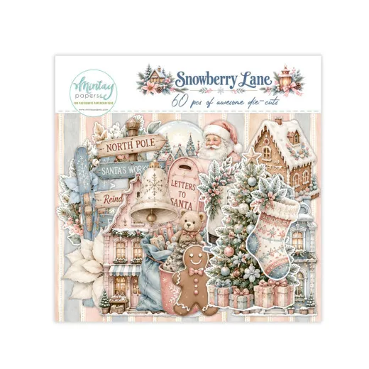 Verpackung der 60 Die-Cuts Snowberry Lane mit Weihnachtsmann, Lebkuchenmann, Lebkuchenhaus, Teddy und North-Pole-Wegweiser