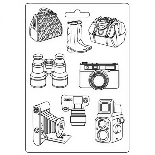 Gießform A4 Soft Mould Travel Accessories mit Zeichnungen von Reisetaschen, Stiefeln, Fernglas, Kamera und Fotoapparat