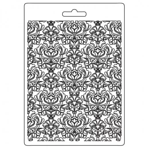 Stamperia Soft Mould A5 mit Damask-Blütenmuster in schwarz-weiß Zeichnung
