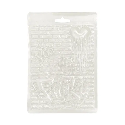 Transparente Soft Mould A5 mit Ziegelmauer, tropfendem Herz und Funky- und Yoo-Schriftzug