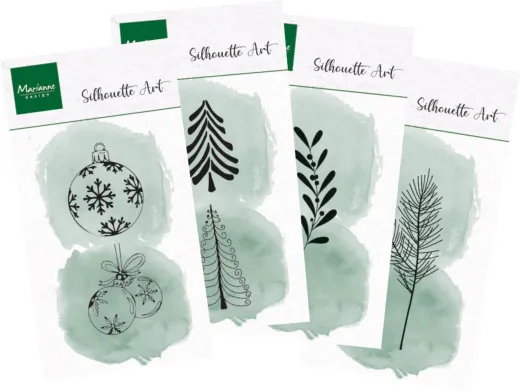 Vier "Silhouette Art" Clear-Stamp-Sets mit Christbaumkugeln, Tanne, Mistelzweig und Federzweig-Motiven.