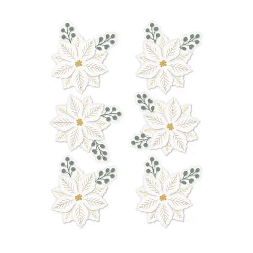 Sechs dimensionale Acetate-Sticker Poinsettias mit Golddetails von Spellbinders auf weißem Hintergrund