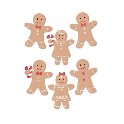 Sechs dreidimensionale Lebkuchenmann- und frau-Sticker mit Zuckerstangen und Zuckergussdetails
