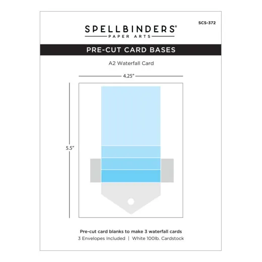 Spellbinders Pre-Cut Card Bases A2 Waterfall Card mit Maßen und Verpackungsdetails