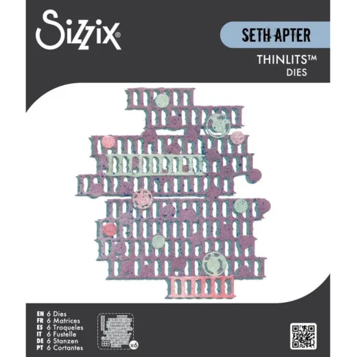 Verpackung der Sizzix Thinlits Stackers mit geschichteten Gitter- und Leiterformen und Kreisen in Lila und Mint