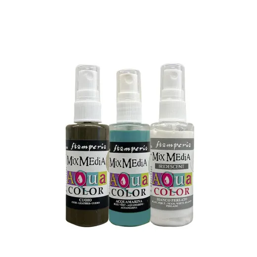 Stamperia Aquacolor Spray Kit Family mit 3 Flaschen à 60ml in den Farben Cuoio (Leather), Acquamarina (Aquamarine) und Bianco Perlato (Pearl White)