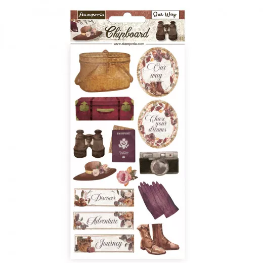 Stamperia Chipboard Our Way Packung mit Reisemotiven: Koffer, Fernglas, Stiefel, Hut und Schriftzüge