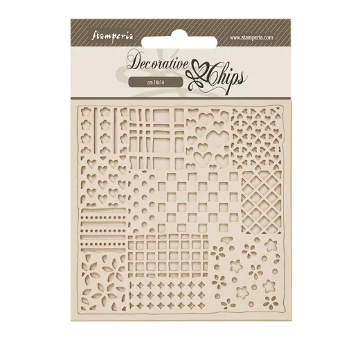 Stamperia Decorative Chips Family Patchwork Pattern 14x14 cm - dünne Laser-Verzierungen mit Herzen, geometrischen Mustern und floralen Motiven auf cremefarbenem Sperrholz