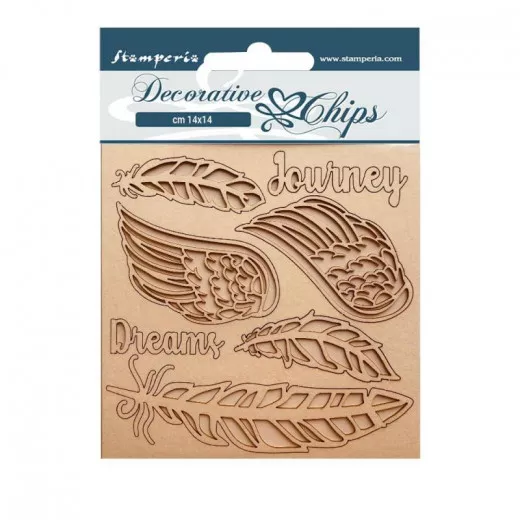 Stamperia Decorative Chips Our way Journey 14x14 cm mit Federn und Schriftzügen auf beige Karton