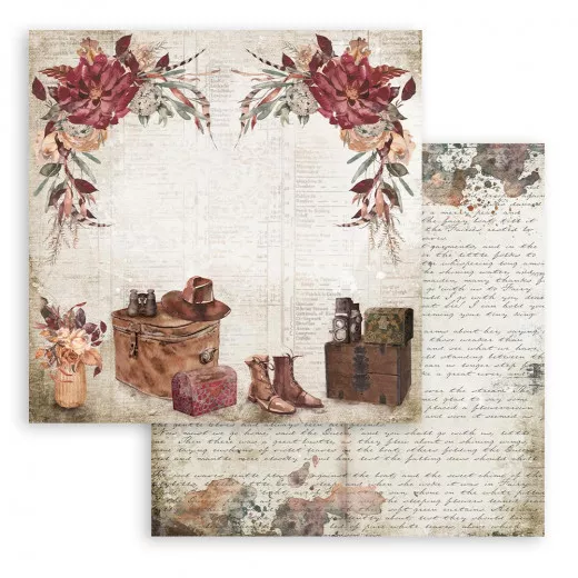 Stamperia 2-seitiges Designpapier-Pad 12x12 Zoll mit Vintage-Travel-Motiven: bunte Blüten, Koffer, Stiefel, Kamera und antiker Schrift auf creme-beigem Hintergrund