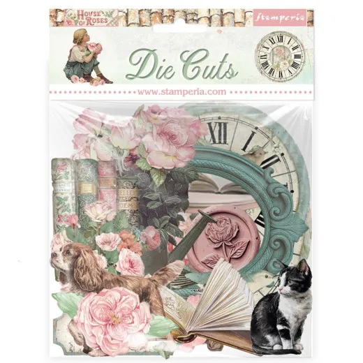 Stamperia Die Cuts House of Roses Verpackung mit Rosen, Uhr, Katze, Hund und Büchern