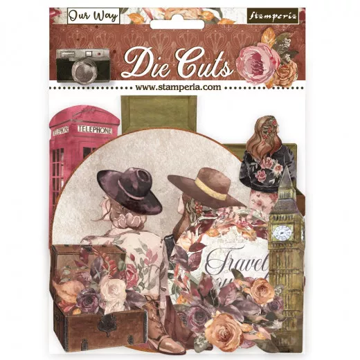 Stamperia Die Cuts Our Way Packung mit Vintage-Motiven: zwei Damen mit Hüten, Koffer, Blüten und London-Symbolen