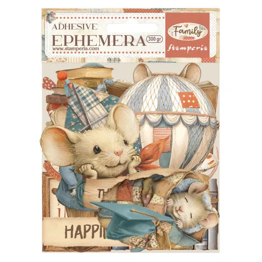 Stamperia Ephemera Family Verpackung mit Mäusen, Heißluftballon, Buch und Kofferdetails in Creme, Rostrot und Blau